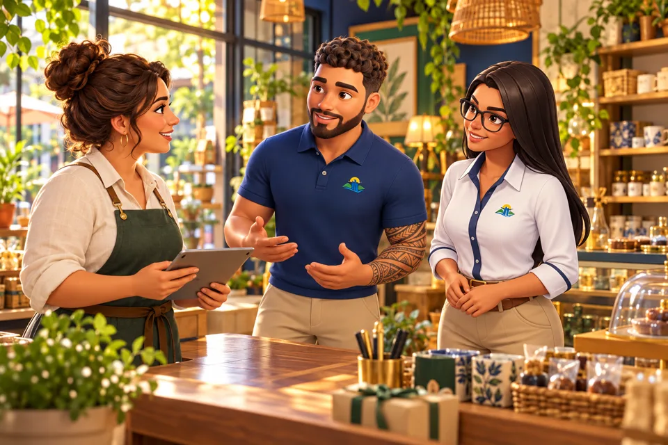Lucas e Juliana apresentando o Clube de Vantagens a uma comerciante